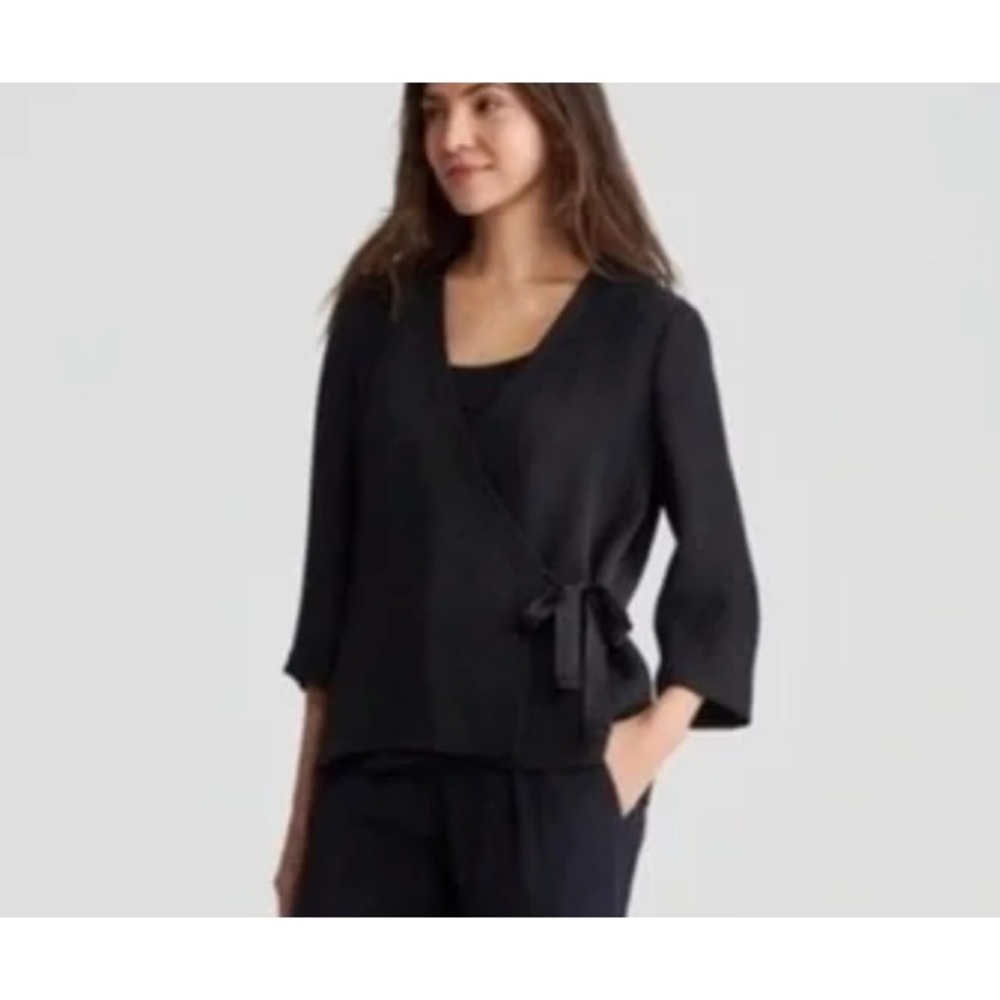 Eileen Fisher Women's Black Silk Blend Wrap‎ Jacket with Satin Tie in Size XXS